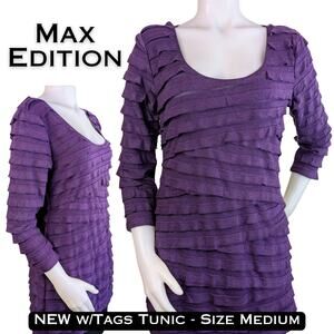 New Max Edition Tunic Top Medium  Purple Shutter Ruffle Scoop Neck 3/4 Sleeve